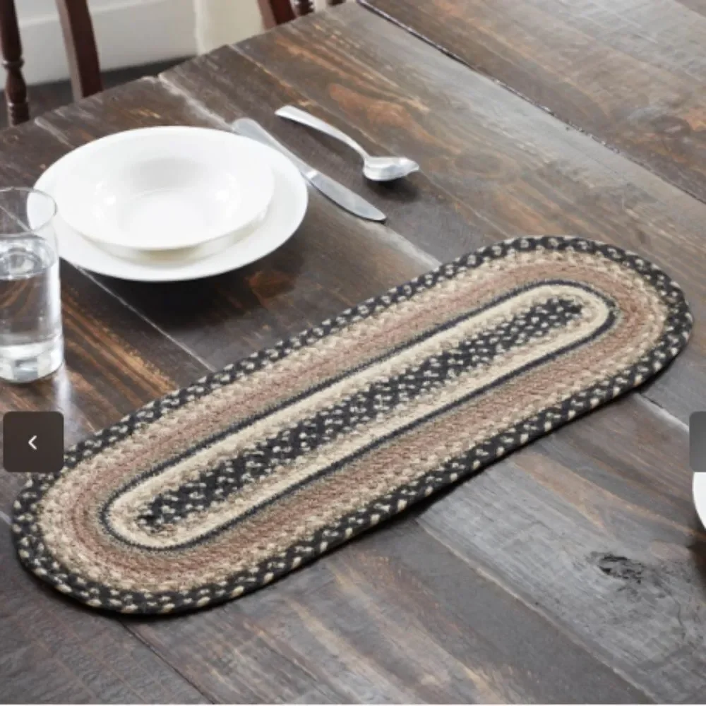 Farmhouse Jute Braided Oval Table Runner Tan Black Cream Country Cottagecore